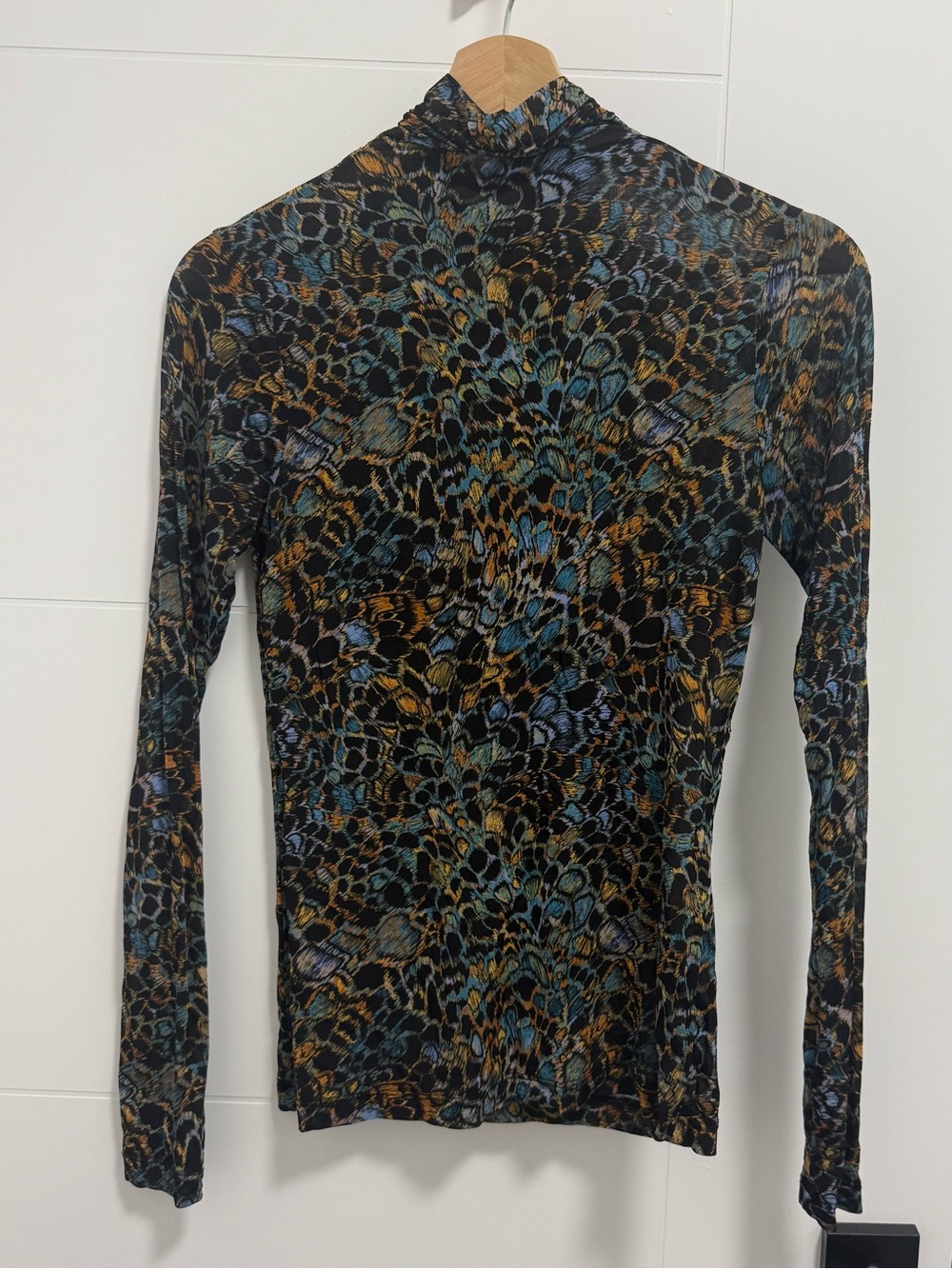 Ulla Johnson Aurelia Stretch Jersey Turtleneck Top- Black with Blue & Gold Print